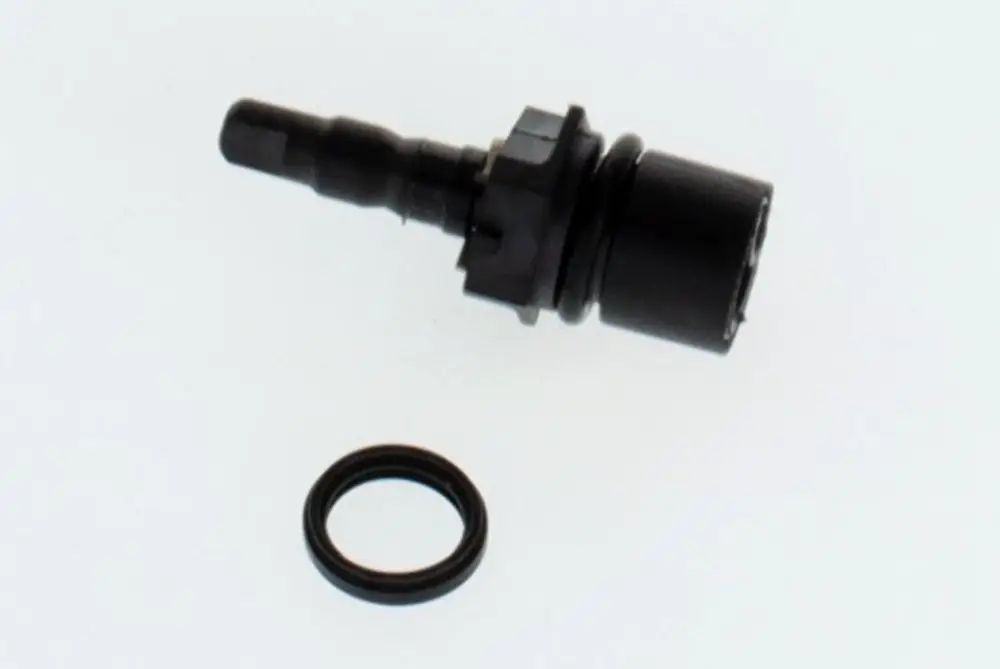 Bosch Wählerschraube aus Polyamid in Schwarz, mit einer runden Gummidichtung. Das Produkt hat einen zylindrischen Körper mit einer Anschlussstelle.
